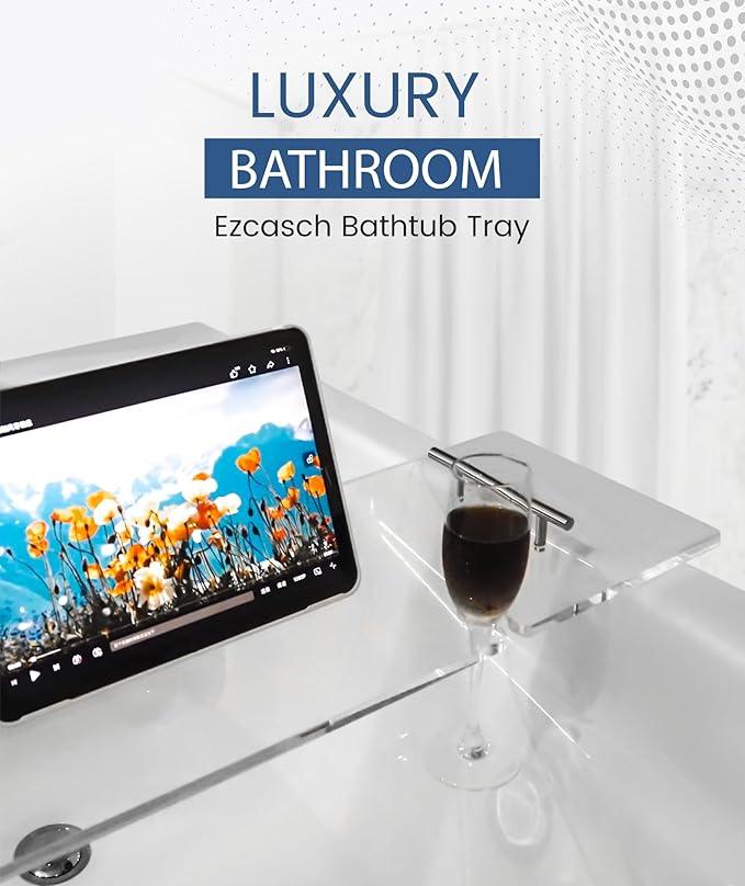 Ezcasch Acrylic Bathtub Tray Clear Bathtub Caddy Bath Tray Table for Tub Luxury Spa with Book and Wine Glass Holder Bathroom Accessories for Bathroom Decoration, Transparent 35.4inch - ModernBath