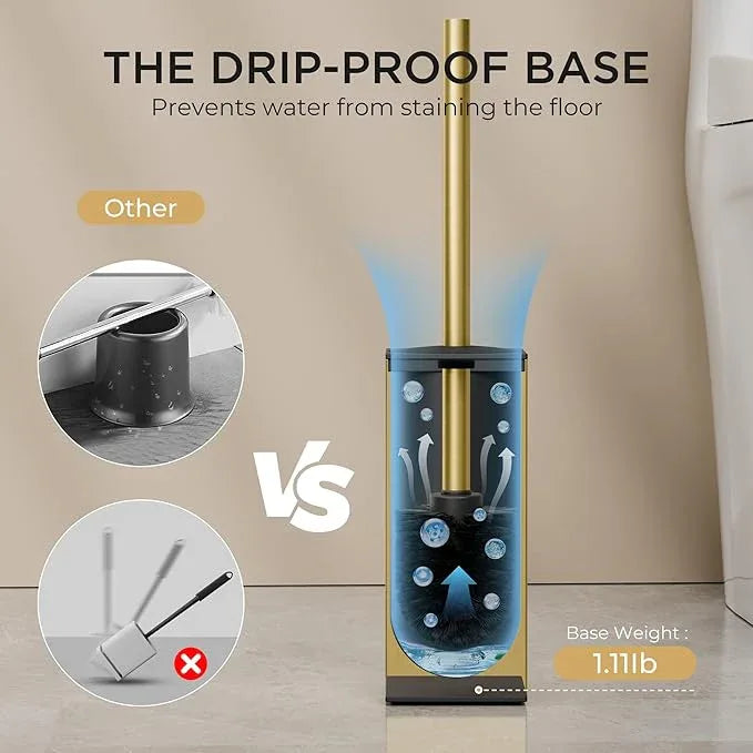 FORIOUS Toilet Brush and Holder Set, Heavy Duty 304 Stainless Steel Base Square and Long Handle for Bathroom Deep Cleaning, Drip-Proof, Space Saving for Storage, 2 Toilet Bowl Brush Head, Dark Gold - ModernBath