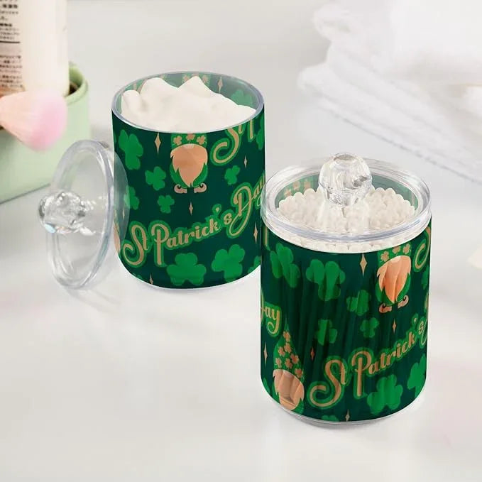 Qtip Holder Bathroom Set Q tip Cotton Ball Swab Pad Dispenser Container Organizer Plastic Jars with Lids Storage 2Pack Green St Patrick's Day Gnome - ModernBath
