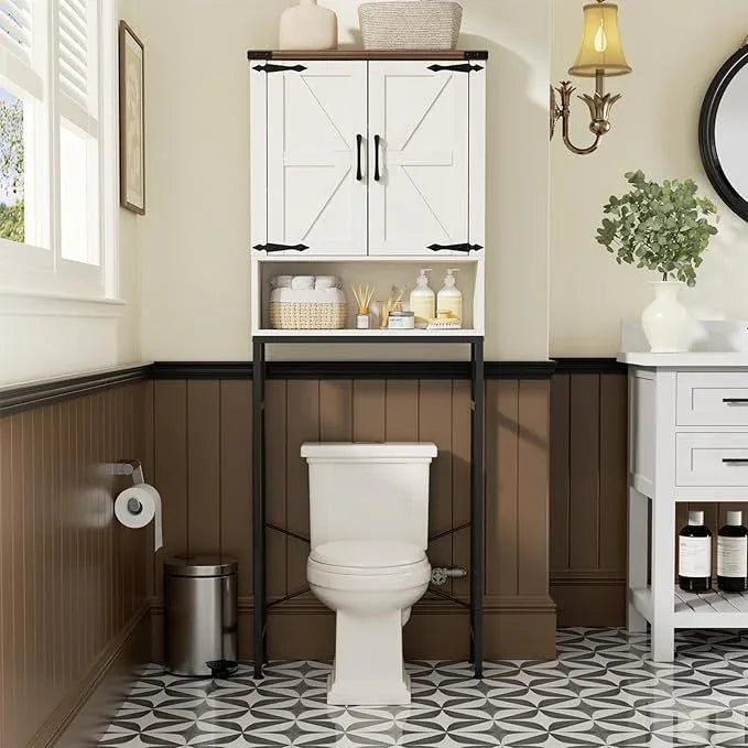 Over The Toilet Storage Cabinet with Farmhouse Doors and Adjustable Shelf, Tall Bathroom Organizer with Metal Stand Space Saver Over Toilet , Wood Rack for Bathroom, Restroom, Laundry, White - ModernBath
