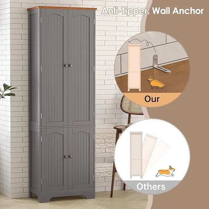 72.2'' Pantry - 4 Door Kitchen Cabinet with Adjustable Shelves, Freestanding Cupboard, Tall Storage Cabinets for Dining Room, Living Room, Laundry, Bathroom, Entryway, Grey 2Pcs - ModernBath