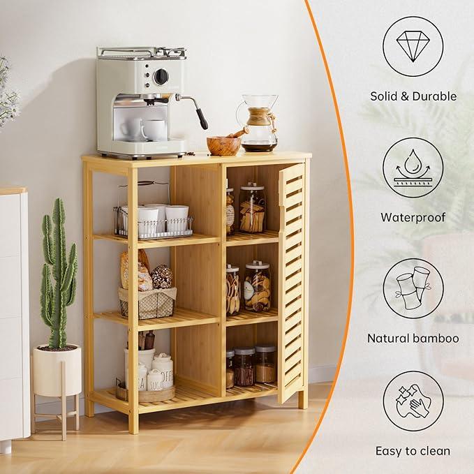 HITNET Bathroom Floor Cabinet, Bamboo Storage Cabinet with Door and 3 Open Shelves, Freestanding Side Kitchen Cupboard Organizer, Natural - ModernBath