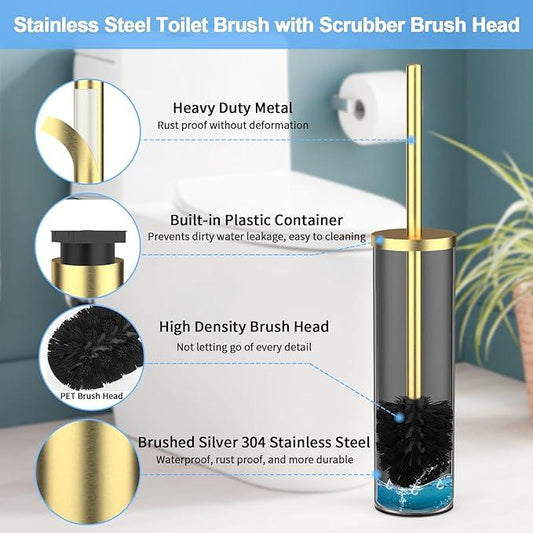Stainless Steel Toilet Brush and Holder Set Brushed Gold Heavy Duty Toilet Bowl Brush with Long Handle for Bathroom and Farmhouse - ModernBath