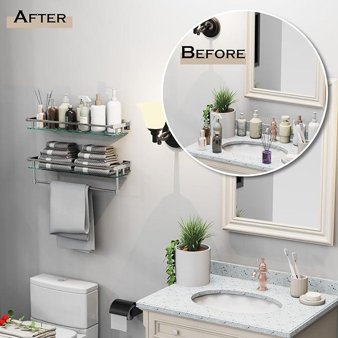 Glass Shelf for Bathroom Wall Sheves 24 inches Rectangular Stainless Steel Tempered Glass Modern Wall Mount Accessories Organizers Storage (Chrome Polished, 24‘’) - ModernBath