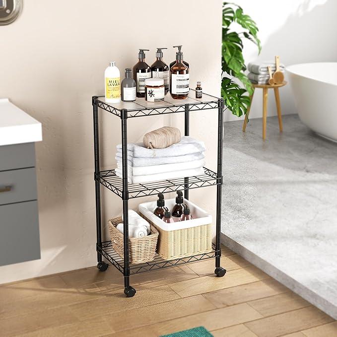 SINGAYE 3 Small Shelves Storage Shelf Wire Shelving Unit Metal Shelf Adjustable Organizers Storage Shelving with Wheels for Bathroom Laundry Room Kitchen Pantry11.5”D x 17.5”W x 30.5”H Black - ModernBath
