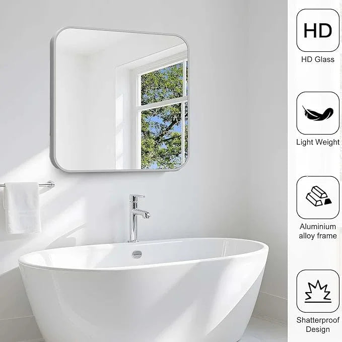 CIVENO Silver Bathroom Mirror, 30 x 30 Inch Silver Square Mirror, Metal Framed Rectangular Vanity Mirror, Rounded Corner Wall Mounted Mirror for Living Room Bedroom Entryway Hangs Horizontal/Vertical - ModernBath