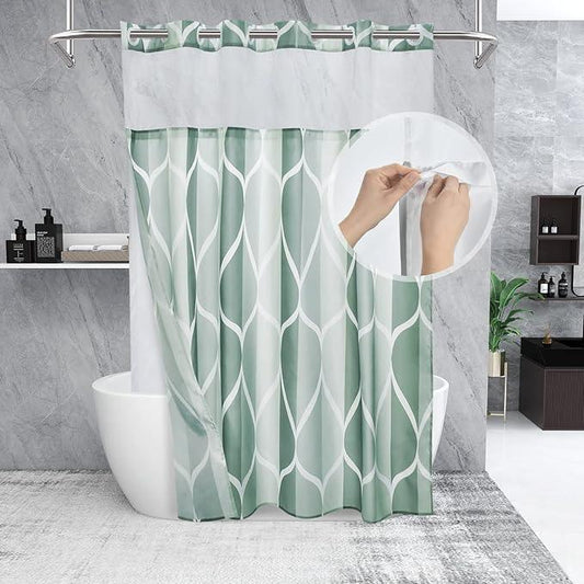 Yiatn No Hook Dark Green Double Shower Curtain with Snap in Fabric Liner Set - Hotel Style with See Through Mesh Top Window, Modern Geometric Waterdrop Design,Waterproof and Washable, 71x74 INCH - ModernBath