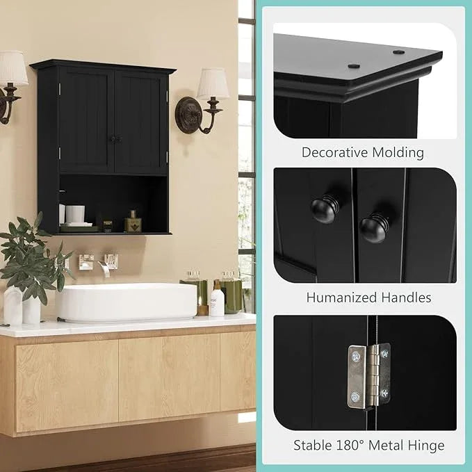 COSTWAY Wall Mounted Bathroom Cabinet, Over The Toilet Storage Cabinet w/Double Doors & Adjustable Shelf, Wood Hanging Medicine Cabinet for Living Room, Entryway, Kitchen (Black) - ModernBath