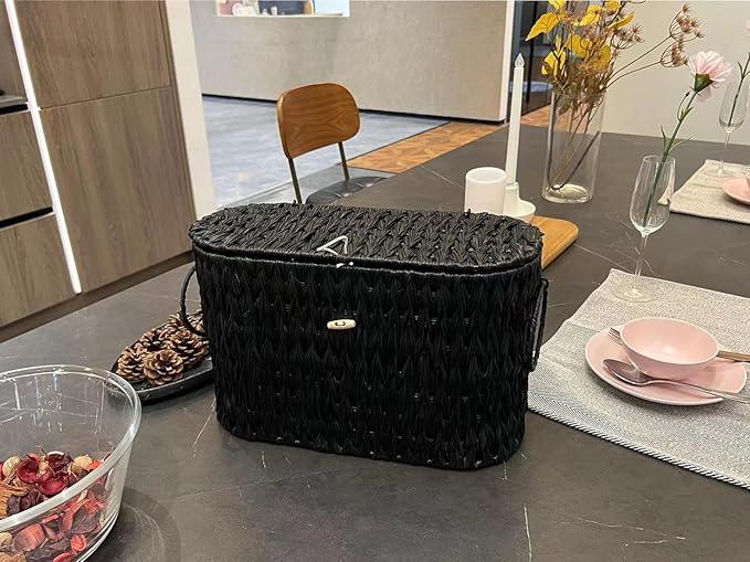 Black Toilet Paper Basket with Lid,Wicker Toilet Paper Storage Stand,Large Narrow Bathroom Towel Basket Mega Roll Container Bin for Toilet Tank,Floor - ModernBath