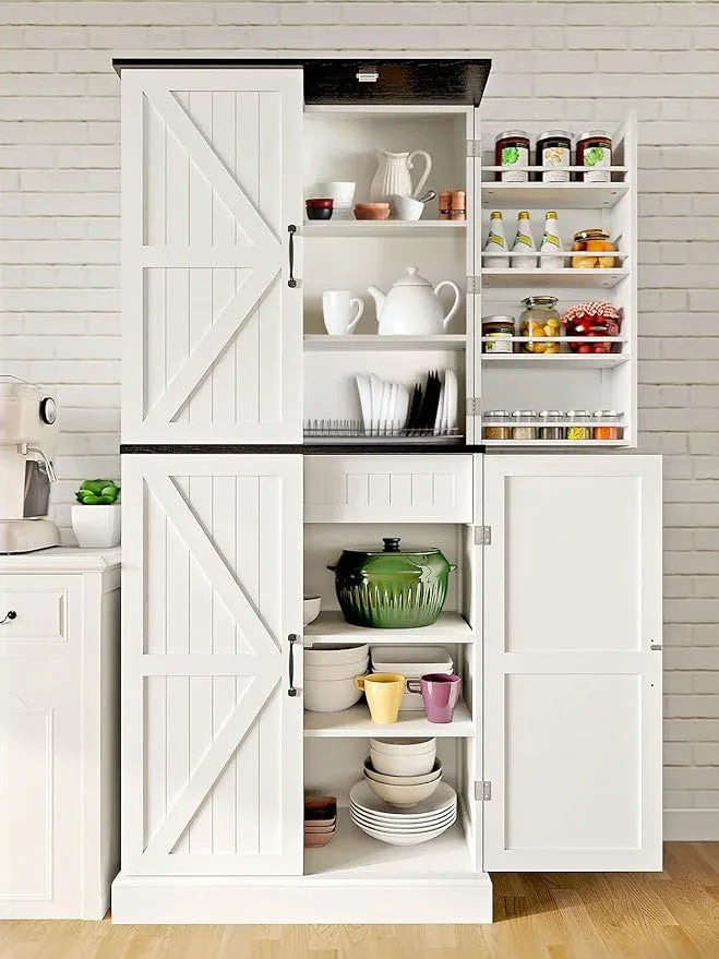 72" Tall Storage Cabinet, White Farmhouse Pantry Cabinet, 31.5" Wide Freestanding Storage Cabinet with 4 Adjustable Shelves, Hidden Drawer & Rustic Wood Finish for Kitchen, Dining Room, or Entryway - ModernBath