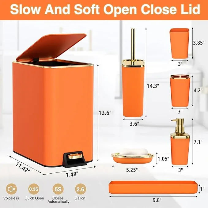 XLHOMO Bathroom Accessories 8 Piece Orange and Gold Bathroom Set, Bath Accessories with Stainless Steel Trash Can,Toilet Brush,Toothbrush Set,Soap Dispenser - ModernBath