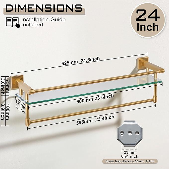Bathroom Glass Shelf with Towel Bar/Rack 24 inches Wall-Mounted Shelves Tempered Glass Sink Toilet Organizer Shower Towel Decorative Storage (Polished Gold Finish) - ModernBath