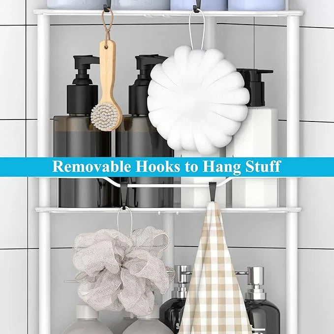3 Tier Floor Standing Corner Shower Caddy Organizer Shelf with Hooks, Bathroom Shelves Stand Rack, White - ModernBath