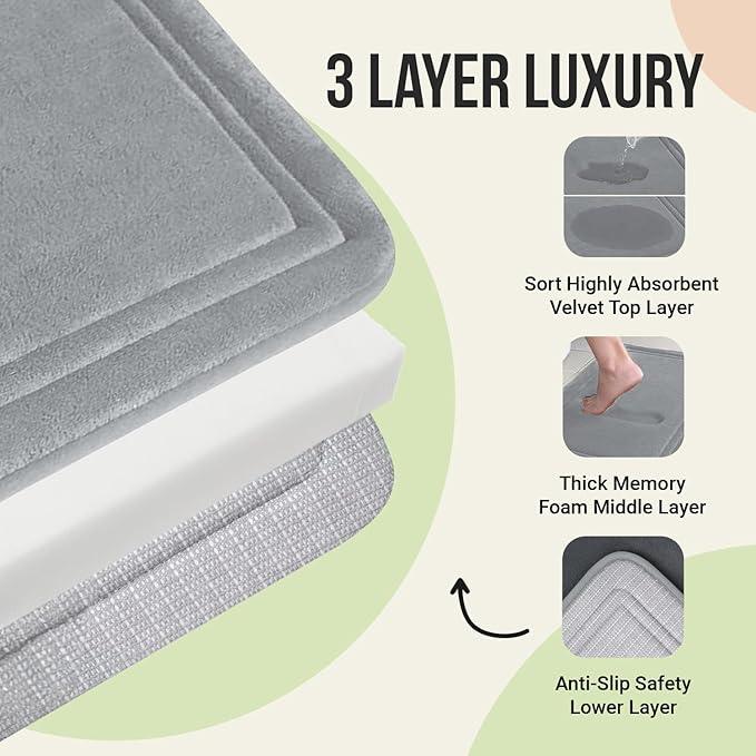ITSOFT Memory Foam Bath Mat 31x20, Non Slip, Machine Washable, Quick Dry & Absorbent Rugs, Bath Mats for Bathroom Floor, Tub & Shower, Bathroom Rug, Gray - ModernBath