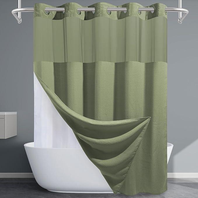 EUTXL Sage Green Hotel Shower Curtain - 230GSM Waffle Textured Heavy Duty Thick Fabric Shower Curtains for Bathroom,71W x 74H - ModernBath