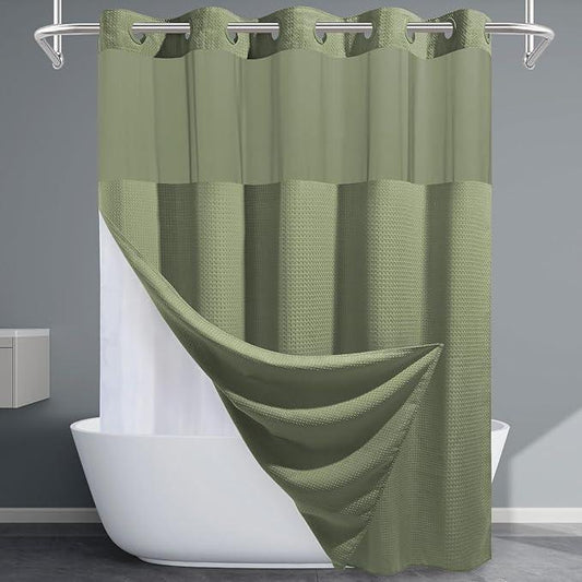 EUTXL Sage Green Hotel Shower Curtain - 230GSM Waffle Textured Heavy Duty Thick Fabric Shower Curtains for Bathroom,71W x 74H - ModernBath