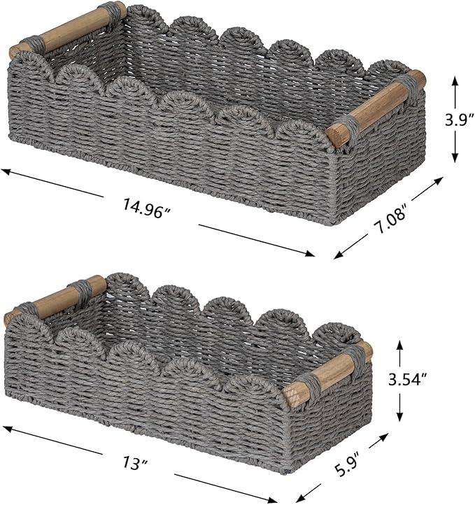 CubesLand Decorative Toilet Paper Storage Basket, Modern Farmhouse Home Decor Basket for Organizing, Scalloped Pantry Baskets for Shelves, Countertop, Living Room, w/Wood Handles, Grey 2 Sizes - ModernBath