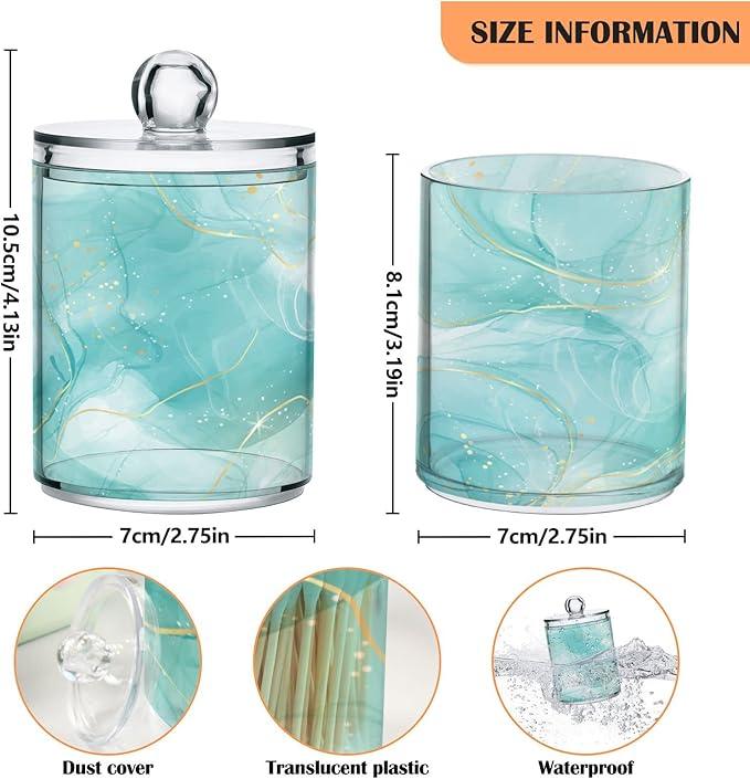 BOENLE 2 Pack Qtip Holder Dispenser Turquoise Marble Bathroom Storage Canister Lid Acrylic Plastic Apothecary Jar Set Vanity Makeup Organizer for Cotton Swabs/Pads/Floss - ModernBath