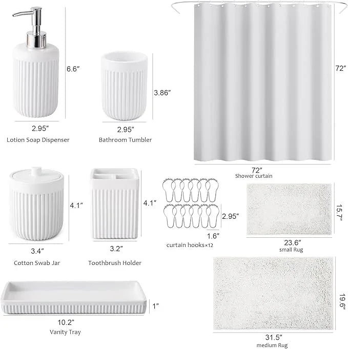 XLHOMO 8-Piece White Bathroom Set - Resin Bathroom Accessories Sets Complete with Shower Curtain and Rugs, Soap Dispenser, Toothbrush Holder, Cup, Tray & Cotton Swab Jars - ModernBath