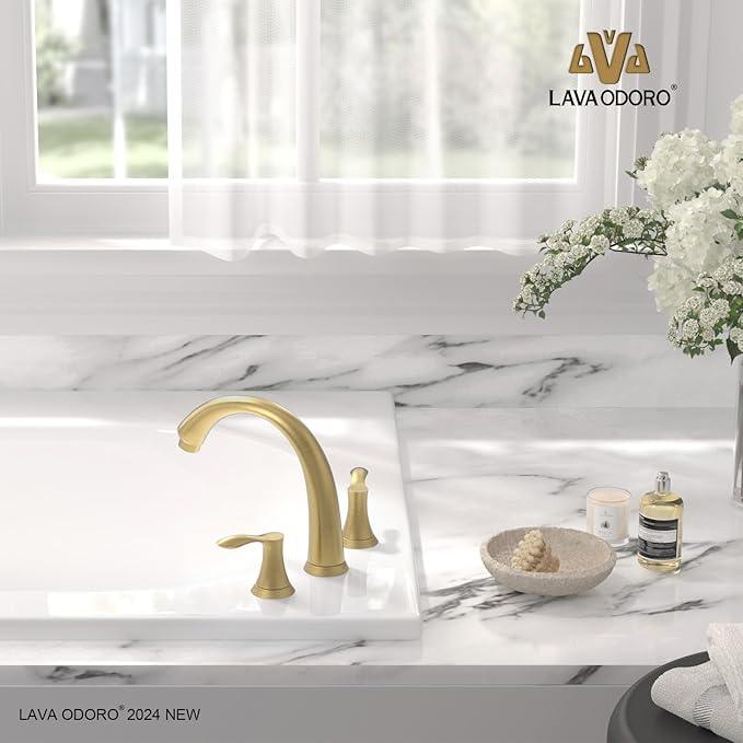 Lava Odoro Brushed Gold Roman Tub Faucet, 2 Handle Bathtub Faucet with Valve, High Flow 8 inch Widespread Deck Mount Tub Faucet, Solid Brass 3 Hole Bath Tub Filler TF405-SG - ModernBath