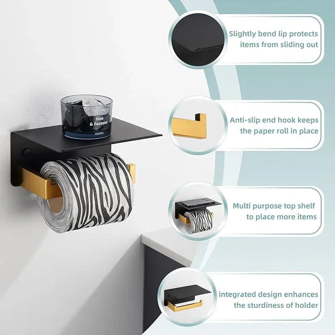Toilet Paper Holder with Phone Shelf Black & Gold, APLusee 304 Stainless Steel Tissue Roll Dispenser Storage, Bathroom Accessories Wall Mounted - ModernBath