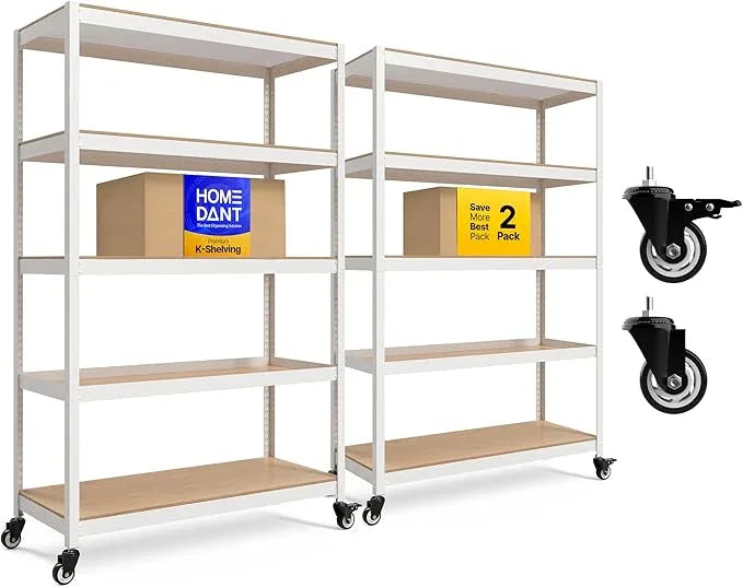 HOMEDANT House 5-Tier Metal Rolling Cart Shelf Rack Casters Heavy Duty Laminated Wheel Shelving Unit Adjustable Utility Storage Shelves Organizer Shelf Kitchen Garage (2, (L) 48.1" W, White) - ModernBath