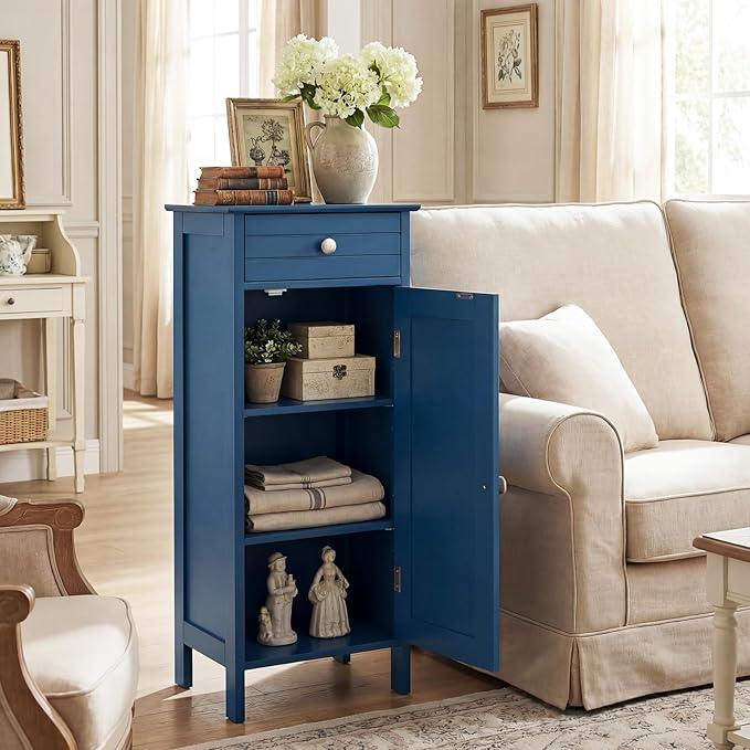 Tangkula Bathroom Floor Cabinet, Wooden Side Storage Organizer Unit, Free-Standing Single Door Floor Storage Cabinet with Large Drawer & 2 Adjustable Shelves for Living Room (Blue) - ModernBath