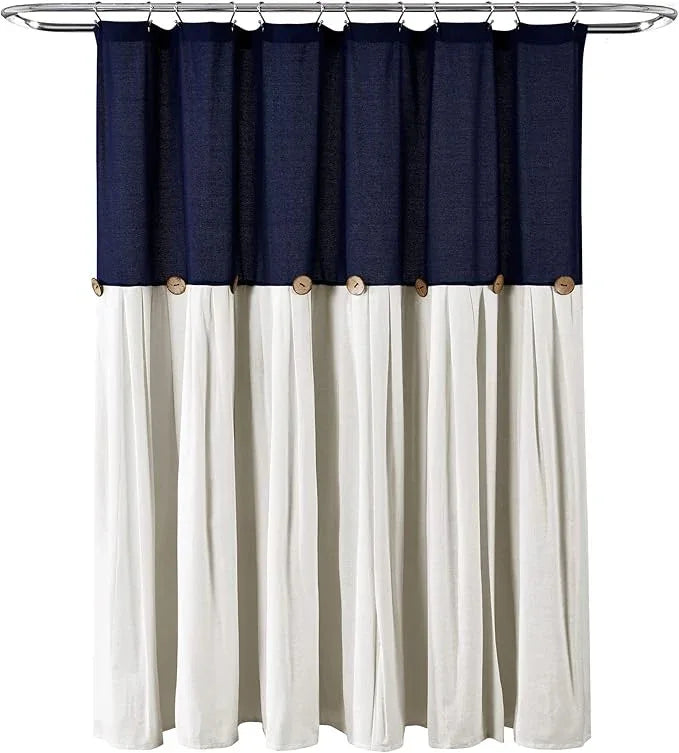 Lush Decor Linen Button Shower Curtain, 72" W x 72" L, Navy & Off White - Navy Blue Shower Curtain Fabric - Bathroom Curtain - Farmhouse Bathroom Decor - ModernBath