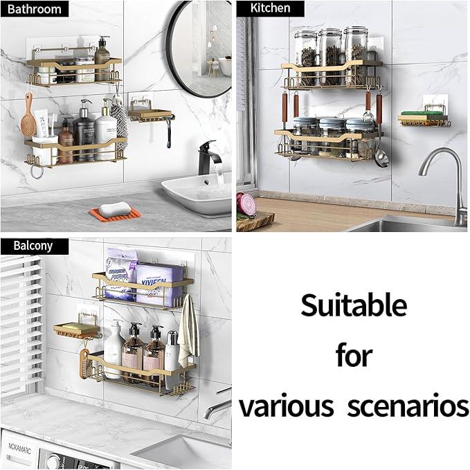 BATHDESIGN Shower Caddy Shelves Organizer Rack, 3 Pack Shower Caddy with Soap Holder,No Drilling Wall Mounted Self Adhesive Shower Shelves for Inside Shower,Matte Gold - ModernBath