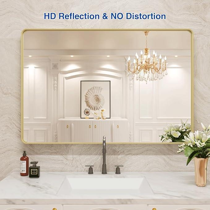 WEER Gold Bathroom Mirror, 48X30 Inch Brushed Gold Metal Frame Mirror, Rounded Rectangle Gold Bathroom Vanity Mirror for Wall, Tempered Glass, Anti-Rust, Hangs Horizontally or Vertically - ModernBath