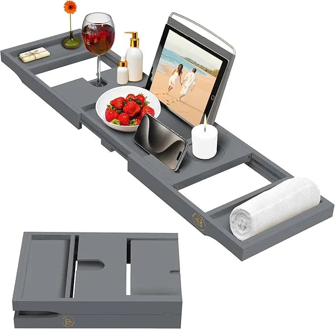Wooden Bathtub Tray - Foldable & Expandable Bamboo Bath Tray for Tub with Wine Holder, Book & Tablet Stand - Bath Caddy Tray for Bathtub, Spa Bath Accessories, Tub Tray Table, Gift Idea for Her (Gray) - ModernBath
