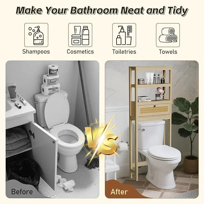 Over The Toilet Storage Cabinet, Behind Toilet Bathroom Organizer with Adjustable Shelves, Above Toilet Organizers with Rattan Door, Space Saver for Restroom, Bathroom, Laundry - ModernBath