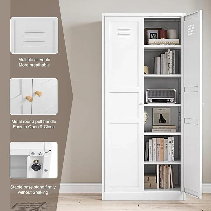 Yizosh Metal Storage Cabinet - 71" White Kitchen Pantry with 2 Doors and 5 Adjustable Shelves, 5-Tier Tall Steel Locker for Living Room, Dining Room - ModernBath