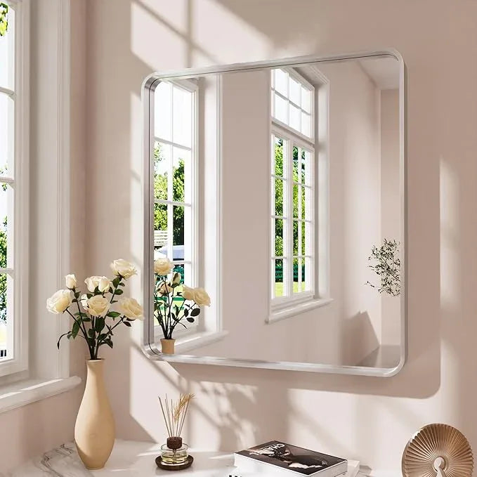 JISOSO Brushed Nickel Bathroom Mirror 38x38 Inch, Brushed Silver Metal Frame Mirror Wall Mounted, Rounded Bathroom Vanity Mirror, Tempered Glass, Anti-Rust, Horizontal/Vertical - ModernBath