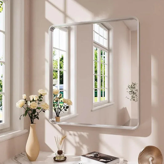 JISOSO Brushed Nickel Bathroom Mirror 38x38 Inch, Brushed Silver Metal Frame Mirror Wall Mounted, Rounded Bathroom Vanity Mirror, Tempered Glass, Anti-Rust, Horizontal/Vertical - ModernBath