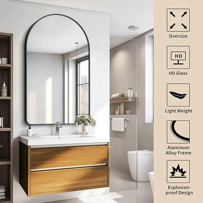 FORBATH Arched Mirror 30x50 Inch, Black Bathroom Mirror Wall Mounted Modern Black Aluminum Alloy Frame Decor Large Dresser Mirror for Bedroom Living Room Entryway, Hanging or Leaning Against Wall - ModernBath