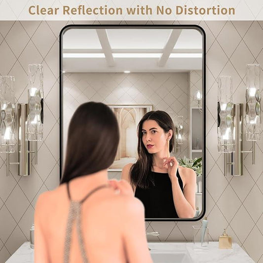 LOAAO 24X32 Inch Black Metal Framed Bathroom Mirror for Wall, Matte Black Bathroom Vanity Mirror Farmhouse, Large Rounded Rectangle Mirror, Anti-Rust, Hangs Horizontally or Vertically - ModernBath