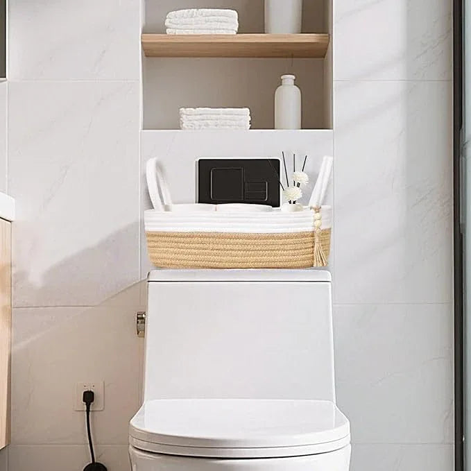 ABenkle Small Storage Basket for Toilet Tank Top - Jute Rope Woven Organizer with Handle, Boho Countertop Bathroom Decor, Toilet Paper Holder, 13x6x4 Inch - ModernBath