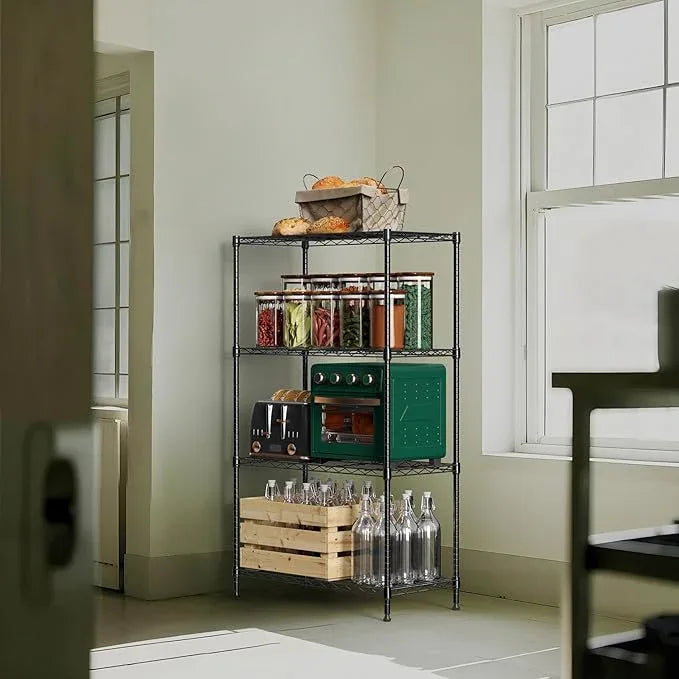 1000 lbs 4Tier Shelf Metal Storage Shelves Wire Rack Closet Organizers with Wheel for Garage Kitchen Bathroom Laundry Black 13.7" D x 29.5" W x 47.2" H - ModernBath