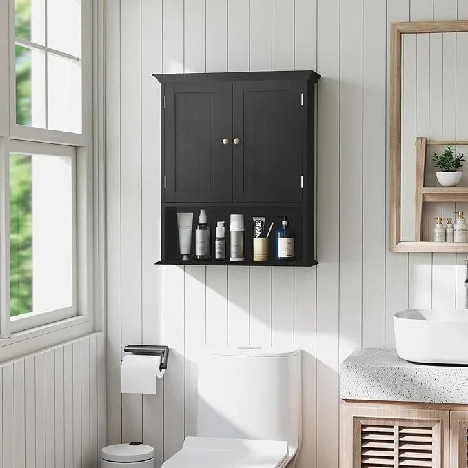 Tangkula Bathroom Wall Cabinet, Wooden Hanging Storage Cabinet with Doors & Shelves, Multipurpose Storage Cabinet for Restroom Kitchen Living Room, Wall Mounted Bathroom Medicine Cabinet (Black) - ModernBath