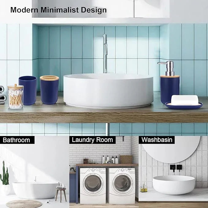 SLDIYWOW Blue Bathroom Accessories, 9-Piece Navy Blue Bathroom Accessories with Trash Can,Tray,Soap Dispenser,Toothbrush Holder,Toothbrush Cup,Soap Dish,Toilet Brush and Q-tip Holders for Bathroom - ModernBath
