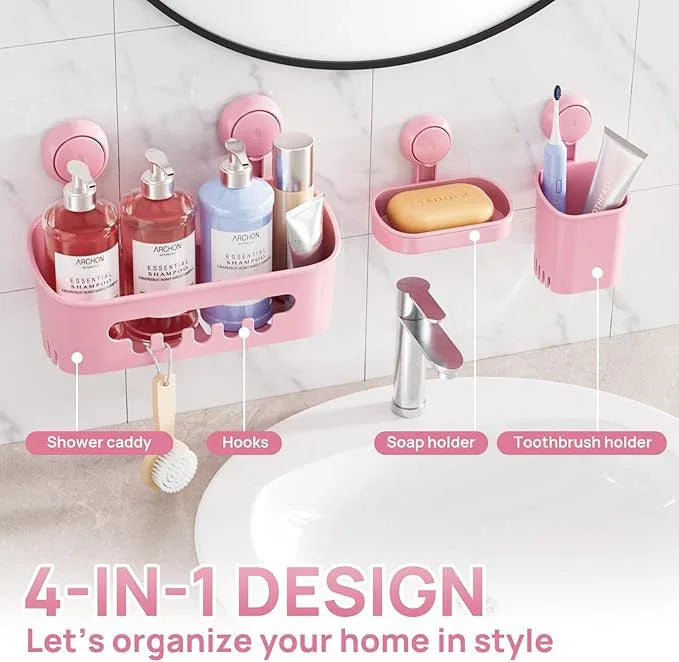 LEVERLOC Shower Caddy Suction Cup Set Shower Organizer & Soap Holder & Toothbrush Holder, Bathroom Shelf Basket NO-Drilling, Removable Suction Storage Waterproof Bathroom Caddy, Pink - ModernBath