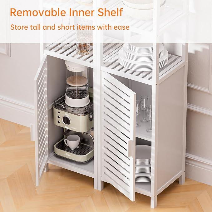 HITNET Bathroom Tall Cabinet, Floor Standing Bamboo Storage Cabinet with 6 Shelves and Shutter Door for Kitchen Living Room, White - ModernBath