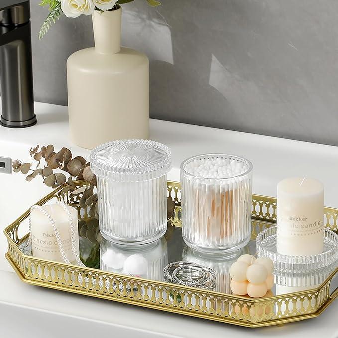 rejomiik Glass Qtip Holder Dispenser 2 Pack, Bathroom Canister Apothecary Jars with Lids, Vanity Makeup Accessories Storage Organizer for Cotton Swabs, Cotton Balls, Pads, Floss Picks, Clear - ModernBath