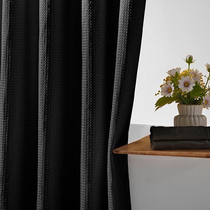 River Dream Heavyweight No Hooks Required Dotted Waffle Weave Shower Curtain with Snap in Liner - 71W x 80H,Hotel Grade,Spa Like Bath Curtain,Graphite Black - ModernBath