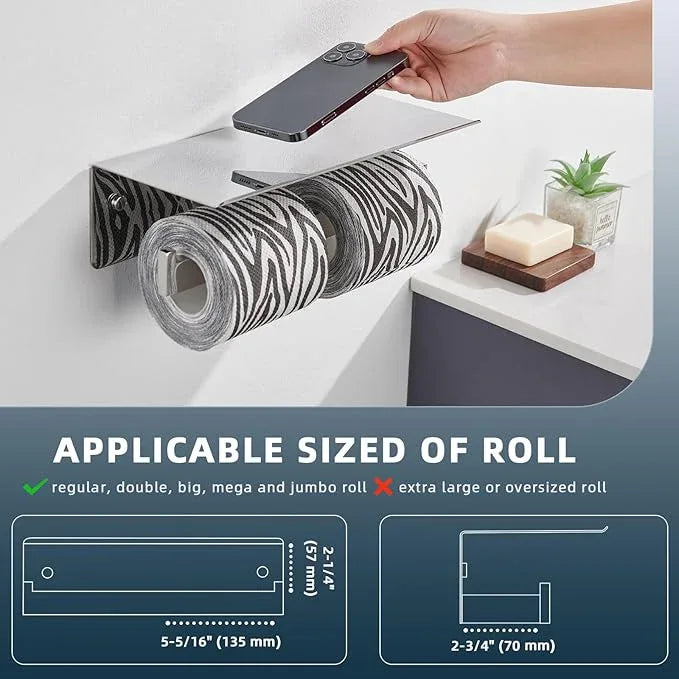 Angle Simple Double Toilet Paper Holder with Shelf Polished Chrome, 304 Stainless Steel Toilet Tissue Roll Holder Wall Mount - ModernBath
