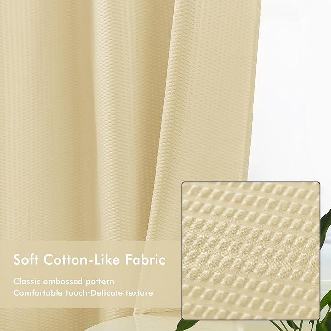 Mrs Awesome No Hook Shower Curtain with Snap-in Liner Less Time On/Off, Embossed Waffle-Look Textured Fabric Shower Curtain for Bathroom, Soft & Lightweight, 71x74, Beige - ModernBath