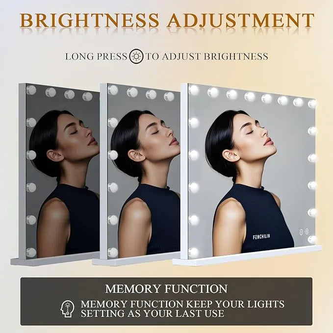 FENCHILIN Vanity Mirror with Lights 32''x23'' Tempered Glass Large Hollywood Mirror with 18 Dimmable Bulbs for Makeup Table/Hanging Bluetooth Speaker Mirror with Touch Screen & USB Charge Port - ModernBath