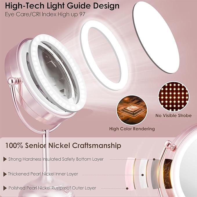 VESAUR Lighted Makeup Mirror Rose Gold Nickel, Double Sided 1X/10X HD Undistorted Magnifying Mirror, 8.5" Vanity Mirror with 3 Colors Dimmable 90 Bright LEDs, 360°Swivel Two Power Supply, Luxury Gifts - ModernBath