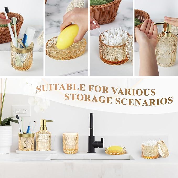 Ulable Bathroom Accessories Set, 5Pcs Gold Glass Bathroom Accessories Set with Gold Soap Dispenser, Soap Dish, Toothbrush Holder, Tumbler, Cotton Swab Jars - ModernBath